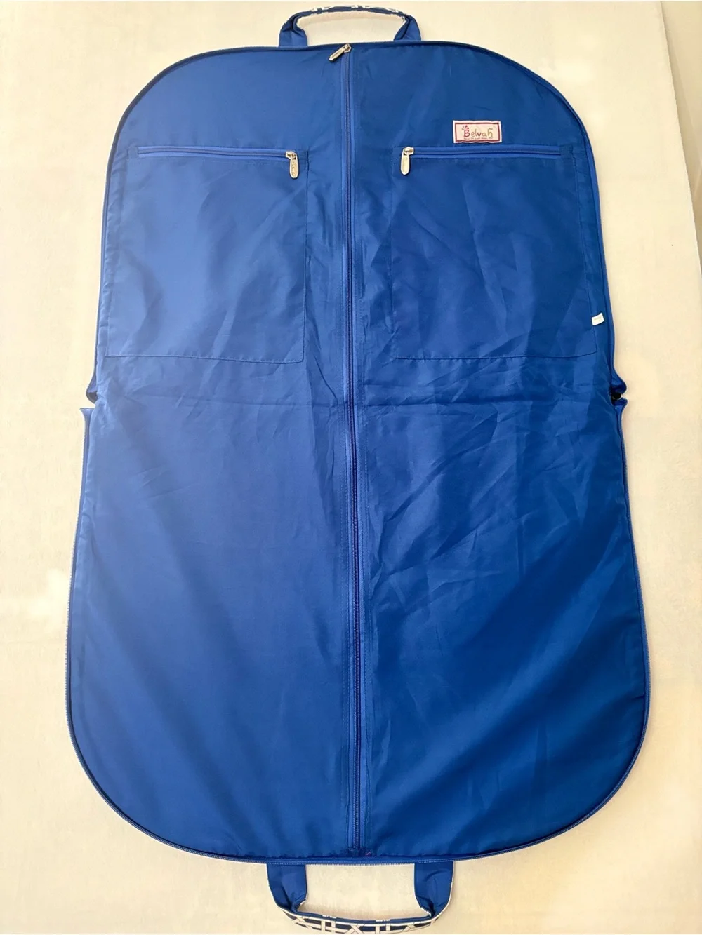 Belvah Quilted Folding Garment Bag Royal Blue White Cane Lattice Travel EUC